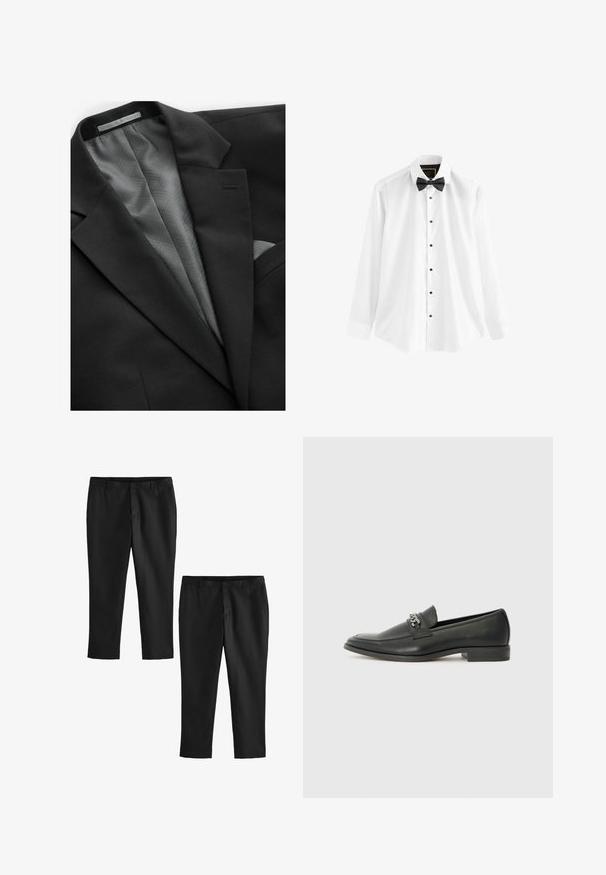 Giacca nera con un esterno liscio, caratterizzata da una fodera grigia a motivo geometrico, un taschino sul petto e revers discreti.; Camicia bianca in cotone, con maniche lunghe, un papillon nero e bottoni neri lungo la parte frontale.; Pantaloni neri su misura con una texture liscia, caratterizzati da un design a gamba dritta e vita media. Vengono mostrati due modelli, uno accorciato.; Mocassino in pelle nera con finitura liscia, caratterizzato da un design cucito e da un accento decorativo in catena metallica sul vamp. Tacco piatto.