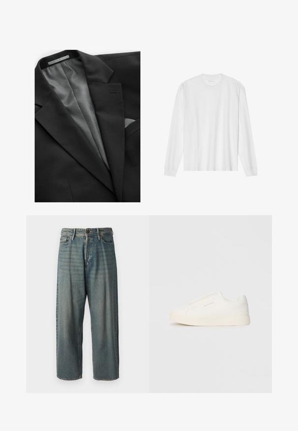Crni sako s glatkom vanjštinom, sa sivo podstavljenom geometrijskom uzorkom, jednim džepom na prsima i suptilnim reverima.; Dugi rukavi bijela pamučna majica s okruglim izrezom i rebrastim manžetama. Jednostavan, neukrašen dizajn, s glatkom teksturom i standardnim krojem.; Svijetloplave traperice s širokim krojem, srednjim pojasom i ravnim nogavicama. Ima pet džepova, petlje za remen i kopčanje na gumb.; Bijele slip-on tenisice s teksturiranom površinom, debelim đonom i minimalističkim dizajnom. Sadrže logo branda sa strane.