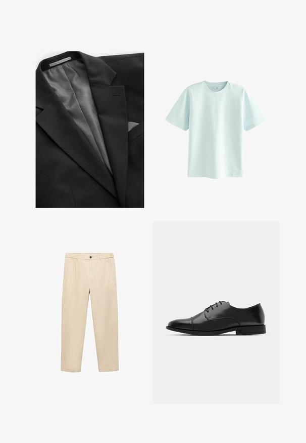 Svart kostymjacka med en slät yta, med ett geometriskt mönstrat gråfoder, en bröstficka och diskreta slag.; Ljusblå bomulls t-shirt med korta ärmar, rund halsringning och en mjuk textur. Minimalistisk design, utan synliga mönster eller detaljer.; Beige, avslappnade byxor i ett mjukt tyg; har en elastisk midja, framfickor och raka ben.; Svart läderdressko med rund tå, snörningsdesign, subtila sömnadsdetaljer och låg klack. Slät yta med polerad finish.