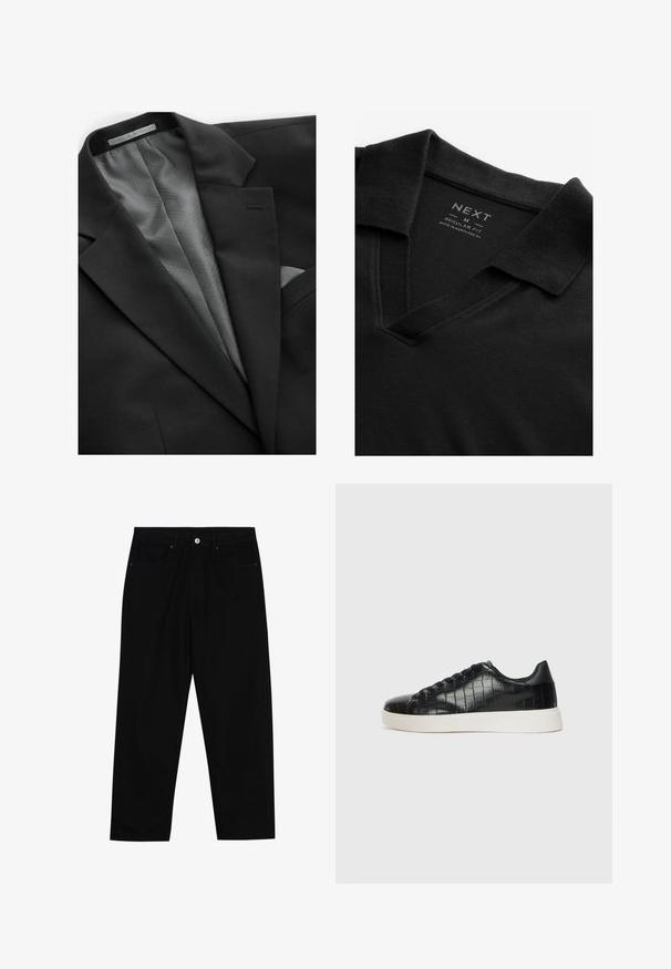 Sort jakkesætjakke med en glat overflade, prydet med et geometrisk mønstret grå foer, en enkelt brystlomme og diskrete revers.; Sort polo skjorte med V-hals og tekstureret stof. Har en foldet krave og et mærke med brand- og størrelsesinformation. Regular fit.; Sorte denimbukser med lige ben, fem lomme-design og knaplukning foran. Glat tekstur med minimale syninger.; Sorte sneakers med en struktureret krokodillepræget læderoverdel, rund tå og en kontrasterende hvid gummisål med en glat finish.