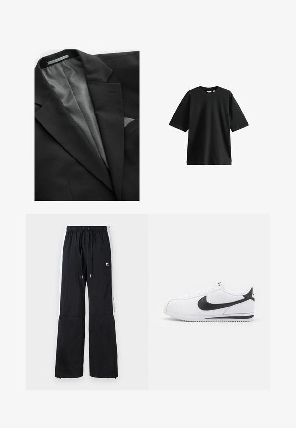 Sacou negru cu un exterior neted, având o căptușeală gri cu un model geometric, un buzunar pe piept și reveruri discrete.; Tricou negru cu mânecă scurtă, din bumbac, cu un guler rotund și o croială lejeră, având o textură moale și detalii minime.; Pantaloni sport negri cu talie elastică, dungi laterale albe, manșete cu fermoar și un detaliu de logo cauciucat pe partea din față.; Adidași din piele albă cu logo-ul Nike în negru, șireturi plate și talpă din cauciuc texturat. Vârf rotunjit și guler căptușit pentru confort.