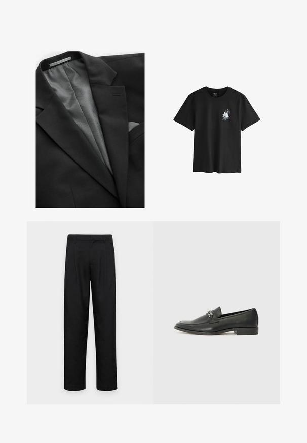 Giacca nera con un esterno liscio, caratterizzata da una fodera grigia a motivo geometrico, un taschino sul petto e revers discreti.; T-shirt nera in cotone con stampa floreale bianca nella parte sinistra del petto. Maniche corte e girocollo. Design a vestibilità casual.; Pantaloni neri realizzati in tessuto liscio, caratterizzati da un taglio dritto, due pieghe frontali e una vita standard con passanti per la cintura.; Mocassino in pelle nera con finitura liscia, caratterizzato da un design cucito e da un accento decorativo in catena metallica sul vamp. Tacco piatto.