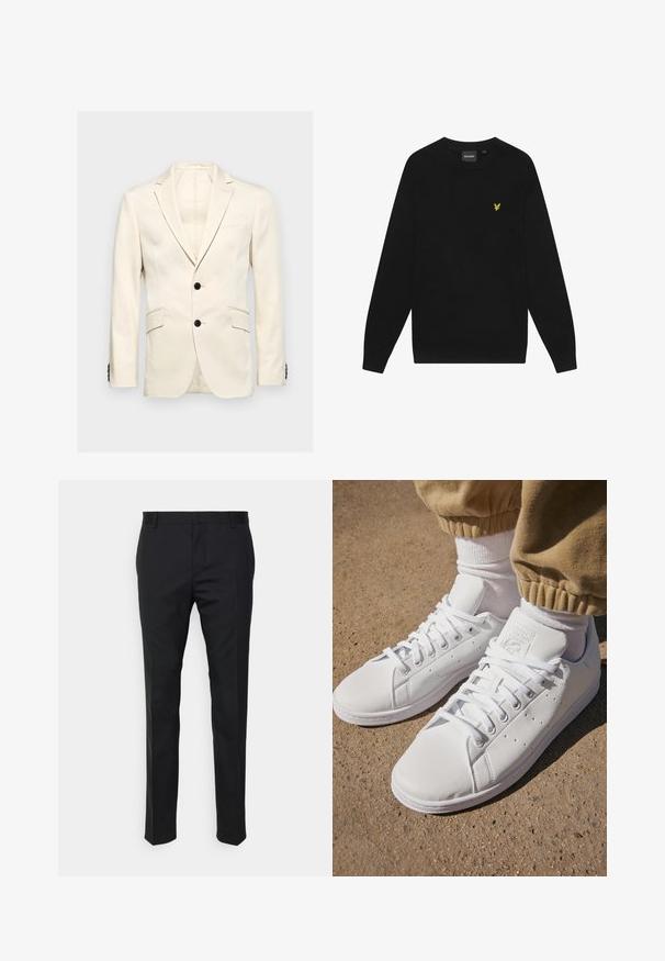 Hackett London STRETCH COTT - Σακάκι τύπου μπλέιζερ - ecru white; Μαύρη βαμβακερή φούτερ με μακριά μανίκια και στρογγυλή λαιμόκοψη. Διαθέτει ένα μικρό κίτρινο έμβλημα αετού στο στήθος. Μαλακή υφή.; Μαύροι ψηλόμεσοι παντελόνια με ίσια εφαρμογή, κατασκευασμένα από λείο ύφασμα. Διαθέτουν θηλιές ζώνης και λεπτομέρεια πτυχής κατά μήκος του μπροστινού μέρους.; Λευκά δερμάτινα sneakers με λεία επιφάνεια, διαθέτοντας κλασικό σχέδιο με κορδόνια, τρυπήματα για αναπνοή και υφασμάτινη λαστιχένια σόλα.