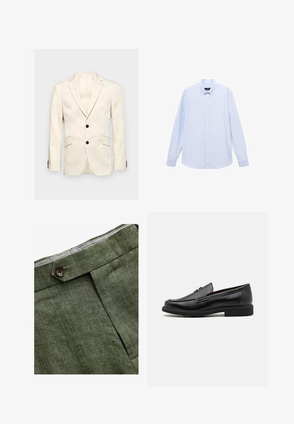 Hackett London STRETCH COTT - Sako - ecru white; Světle modrá košile s dlouhým rukávem a klasickým límcem, rovný lem a jemná textura. Má centrální uzávěr na knoflíky.; Olivově zelené lněné kalhoty s předním záhybem, vybavené zapínáním na knoflík a kontrastní kostkovanou podšívkou v pase.; Černé syntetické mokasíny s výrazně prošívanou špicí, měkkou stélkou a plochou gumovou podrážkou; elegantní design s minimálním zdobením.