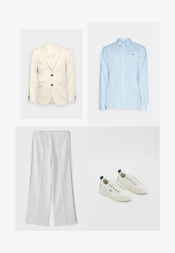 Hackett London STRETCH COTT - Bleiserjakk - ecru white; Heled sinine pika varrukaga särk, mis on valmistatud siledast kangast, klassikalise kraega, nööbitava esiosaga ja väikese rohelise logoga rinnal.; Valged laiad püksid elastse vöökoha ja küljetaskutega, millel on kontrastne roheline ääris küljel. Sile kangas.; Valged nahast sneakers roheliste detailidega, lipsuv design, kuldsed silmad ja tekstureeritud paneelid. Paks koorevärvi kummitald.