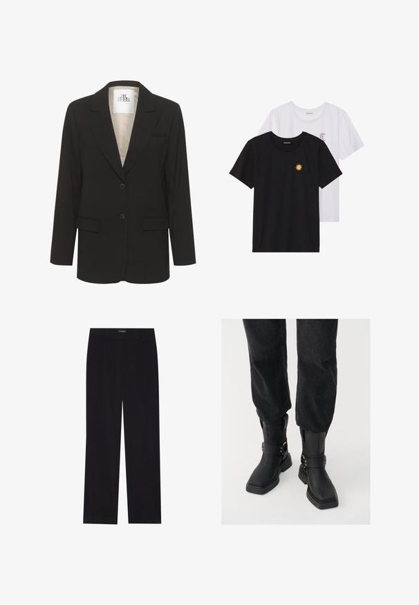 Melna žakete ar iecirtumu, vienkrūšu dizains, divas priekšējās kabatas un divi pogas. Iekšpusē ir krēma krāsas oderējums.; Melnbaltie t-krekli, ar apaļu kaklu, īsām piedurknēm. Melnais krekls ar dzeltenu saules izšuvumu; baltais ar purpursarkanu mēness akcentu.; Melni korduroja bikses ar taisnu piegriezumu, ar plakanu jostasvietu un bez redzamām kabatām, gluda tekstūra un vertikālas ribas detaļa.; Melnas ādas potīšu zābaki ar kvadrātveida purngalu, ar plašu jostu un metāla sprādzi. Zābakiem ir masīva zole un gluda virsma.