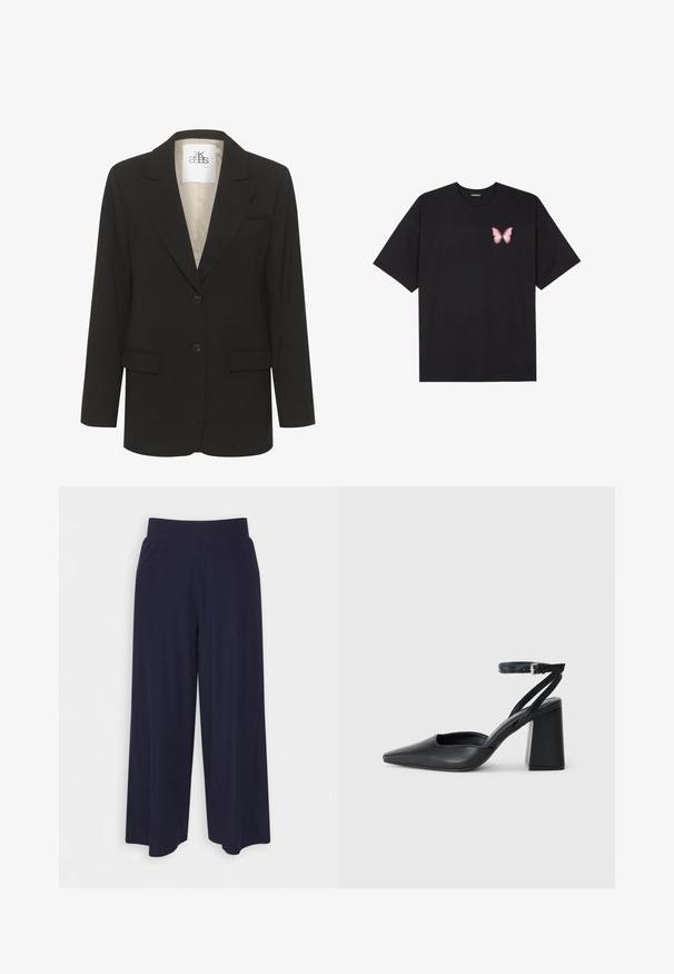 Fekete blézer, kihajtott gallérral, egysoros zárással, két elülső zsebbel és két gombbal. Belsejében krémszínű bélés található.; Fekete pamut póló rövid ujjakkal, bal mellkason egy kis rózsaszín pillangó grafikával. Kerek nyakú kialakítás, laza fazonnal.; Sötét kék anyagból készült, széles lábú nadrág, bordás textúrával. Simább derékrésszel és laza szabással rendelkezik, a vádli közepéig ér.; Fekete bőr, hegyes orrú magassarkú cipő boka pánttal és vastag sarokkal. Sima textúra, elegáns dizájn és minimális esztétika.