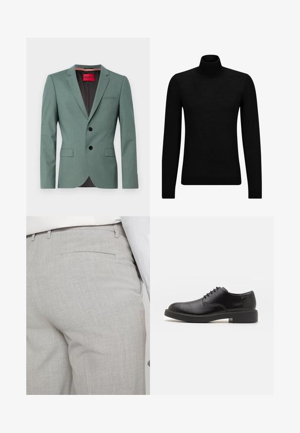 Green tailored blazer made of textured fabric, featuring a notch lapel, two buttons, and two front pockets. Red label inside with "HUGO."; Black turtleneck sweater made of soft material, featuring long sleeves and a snug fit. Ribbed trim at the hem and cuffs. Simple design.; Light gray tailored trousers made of textured fabric, featuring a single back pocket and clean stitching.; Black leather lace-up shoe with a rounded toe, smooth texture, minimal stitching, and a low rubber heel. Logo on the heel.