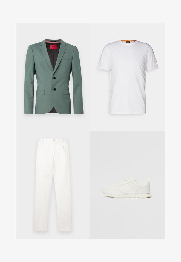 Zeleni sako po meri iz teksturirane tkanine, z izrezom na reverju, dvema gumboma in dvema sprednjima žepoma. Rdeča oznaka znotraj z napisom "HUGO."; Bela bombažna majica s kratkimi rokavi in okroglim izrezom, z diskretnim reliefnim logotipom na prsih. Notranja oznaka ima oranžni akcent.; Bele hlače iz gladkega blaga, z ravnimi nogami, sprednjimi gubami in enim gumbom za zapiranje v pasu.; Bela tenisa z mrežasto in sintetično zgornjo plastjo, okroglo oblikovano prstno območje, ravne vezalke in teksturirana stranska črta. Gumijast podplat z zanko na hrbtni strani.