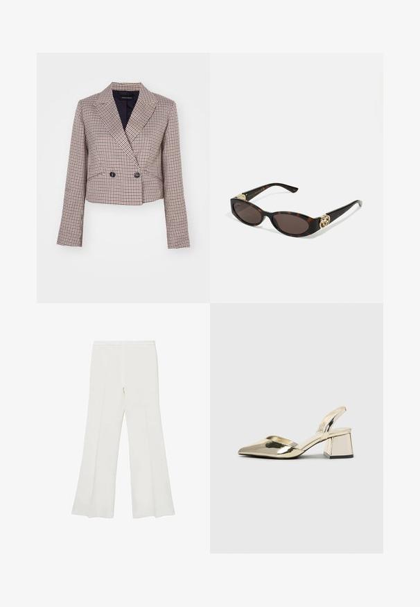 Blazer recortado en un patrón de cuadros con una mezcla de colores rojo, blanco y marino. Presenta un cuello chal, botones de doble botonadura y mangas largas.; Camisa de botón a rayas azules con cuello, mangas largas y dobladillo curvado. La tela parece suave y ligera. Cierre de botón en la parte delantera.; Pantalones acampanados blancos con una textura suave y líneas limpias, con una cinturilla de altura media y sin hardware o patrones visibles.; Tacones slingback metálicos dorados con punta afilada y tacón grueso. Textura suave, diseño minimalista y una correa estrecha.; Gafas de sol carey con lentes ovalados alargados, tintado marrón, acentos de logo dorado en las patillas y brazos negros elegantes.; Bolso de mano de imitación cocodrilo amarillo con un diseño estructurado, asa superior, correa de cadena desmontable y embellecimiento de cristal decorativo en el cierre.; Anillo en tono dorado con un diseño orgánico y retorcido, con una textura suave y extremos cónicos, creando una apariencia moderna y escultórica.