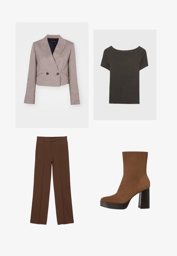 Afkortet blazer i et ternet mønster med en blanding af rød, hvid og marineblå farver. Har en sjalkrave, dobbeltradede knapper og lange ærmer.; Mørkegrå kortærmet top med bådudskæring. Lavet af ribbet stof, med en afslappet pasform og en ren kant. Enkelt design, ingen mønstre.; Brune vidde bukser lavet af glat stof, med flad forkant, to forlommer og pressede pressefolder for et skræddersyet udtryk.; Brune ruskind ankelstøvle med en rund tå, kraftig sort stribet hæl og en glat overflade. Den har et tætsiddende design uden synligt hardware.