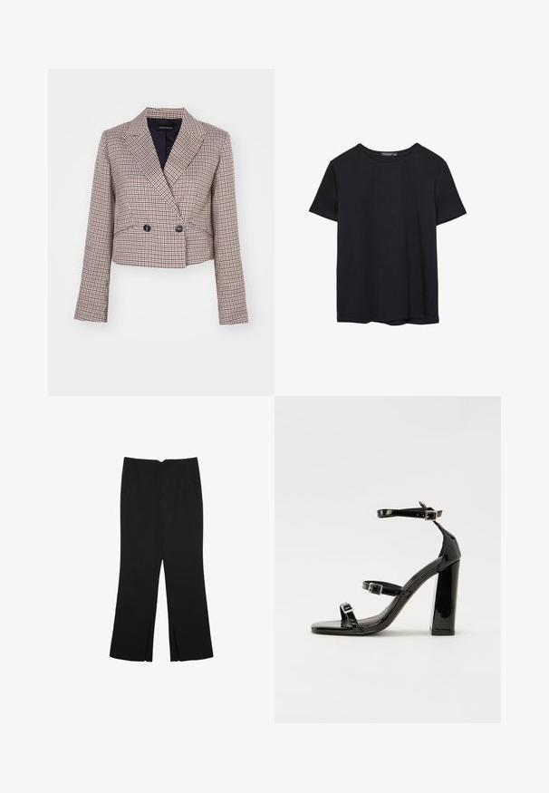 Afkortet blazer i et ternet mønster med en blanding af rød, hvid og marineblå farver. Har en sjalkrave, dobbeltradede knapper og lange ærmer.; Simpel sort kortærmet bomulds T-shirt med rund hals, præsenteret på en hvid baggrund.; Sorte bukser med lige pasform, der har frontlommer og slidser i kanten. Lavet af blødt, glat stof. Velegnet til forskellige anledninger.; Sorte laklædersandaler med høje hæle, to spænderemme, firkantet tå og en kraftig blokhæl, der har en glat, blank overflade.