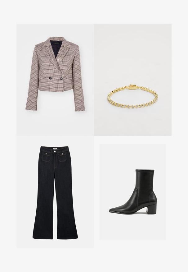Veste courte à motif à carreaux avec un mélange de couleurs rouges, blanches et bleu marine. Dispose d'un col châle, de boutons doubles et de manches longues.; Haut blanc sans bretelles fabriqué à partir d'un tissu doux, présentant une texture lisse, un design ajusté et des détails froncés subtils le long de la poitrine.; Jeans en denim foncé évasés avec une taille haute, deux poches avant et des coutures orange. Le matériau semble robuste et lisse.; Bottine noire en cuir lisse, avec un bout pointu, un talon carré et des coutures surélevées distinctes au bord supérieur.; Bracelet en métal doré ornée de strass ronds et transparents disposés de manière uniforme, avec un fermoir sur un côté. Texture lisse et finition brillante.