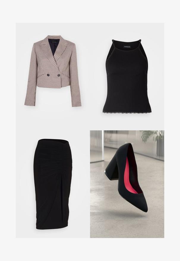 Saīsināta žakete ar rūtainu rakstu, kurā apvienoti sarkanie, baltie un tumši zila toņi. Iekļauj šalli, divkāršus pogas un garas piedurknes.; Melna ribota topiņa ar izšūtu mežģīņu apdari apakšmalā. Iezīmē plānas siksniņas un pielāgotu piegriezumu. Izgatavota no stiepjama auduma.; Melna, ručām veidota zīda svārku ar saišu detaļu un sānu izgriezumu. Izgatavota no elastīga auduma, ar gludu tekstūru un pieguļošu dizainu.; Melna augsta papēža kurpe ar smailu purngalu, teksturētu virsmu un dzīvespriecīgu rozā interjeru. Satur masīlu papēdi ar sudraba akcentu.