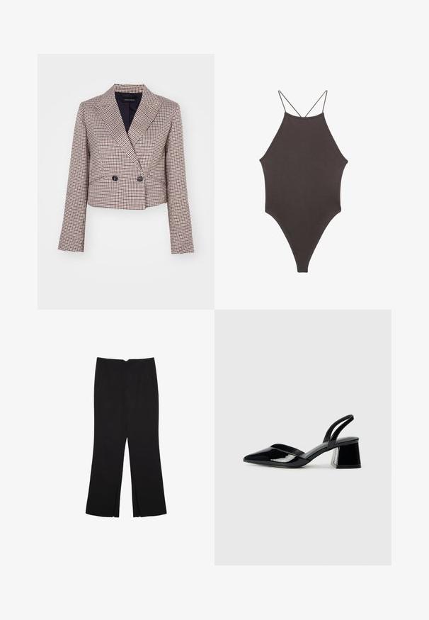 Blazer accorciato con un motivo a quadri in una combinazione di colori rosso, bianco e blu navy. Presenta un colletto a scialle, bottoni doppi e maniche lunghe.; Costume da bagno intero marrone con collo alto e spalline sottili e regolabili; presenta una gamba alta e una texture liscia. Nessun motivo o decorazione.; Pantaloni neri a gamba dritta, con tasche frontali e spacchi laterali all'orlo. Realizzati in tessuto morbido e liscio. Adatti a diverse occasioni.; Décolleté in vernice nera con punta affusolata e tacco in geometria cubica. Presentano un design elegante e minimalista, con una texture liscia.