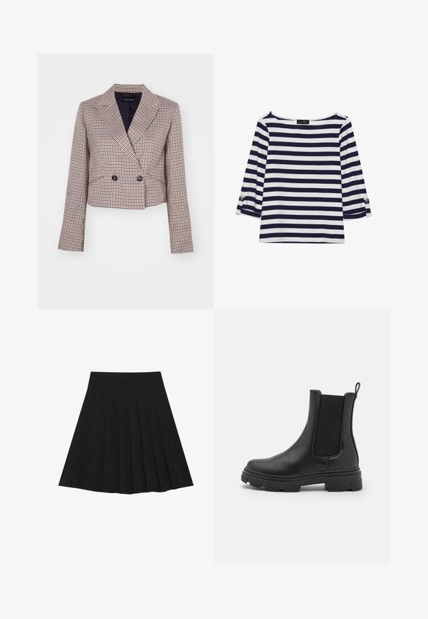 Lyhytraitainen bleiseri ruutukuviolla, jossa on sekoitus punaisia, valkoisia ja tummansinisiä värejä. Varustettu shaalikauluksella, kaksirivisillä napituksilla ja pitkillä hihoilla.; Laivastonsininen ja valkoinen raidallinen pitkähihainen paita, jossa on venepääntie ja kultaiset napit käärittyissä hihoissa. Pehmeä kangas, rento mitoitus.; Musta taitettu hame, joka on valmistettu teksturoidusta kankaasta ja jossa on tiukka vyötärö. Laskeutuu polveen, ja siinä on suora ja siisti siluetti.; Mustat nahka-ankle bootsit, joissa on joustavat sivupaneelit, pyöristetyt varpaat ja teksturoitu kumipohja. Takana on silmukka helppoa pukemista varten.