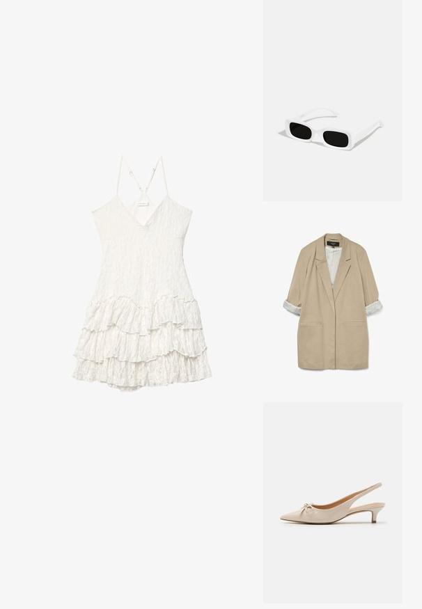 Beige oversized blazer with a soft texture, two front pockets, and rolled-up striped sleeves in cream and light blue.; White sleeveless lace dress with V-neck, adjustable thin straps, and layered ruffle skirt detail.; Beige patent leather slingback heels with a pointed toe and a decorative bow on the vamp. Includes a low, slender heel and smooth texture.; White rectangular sunglasses with black lenses, featuring a matte finish and smooth texture. The arms are sleek and slightly curved.; White leather handbag featuring a curved shape, adjustable strap, and top zipper closure. Smooth texture with minimal hardware details.
