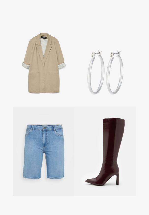 Beige oversized blazer with a soft texture, two front pockets, and rolled-up striped sleeves in cream and light blue.; Light blue denim shirt with short sleeves, featuring two front pockets and embellished with small silver studs throughout.; Light blue denim shorts with a classic cut, featuring a front button closure, belt loops, and two side pockets. Smooth texture and straight hem.; Even&Odd Boots - dark red; Silver hoop earrings with a smooth, polished finish. Round shape and secure click-top closure. Lightweight design suitable for everyday wear.