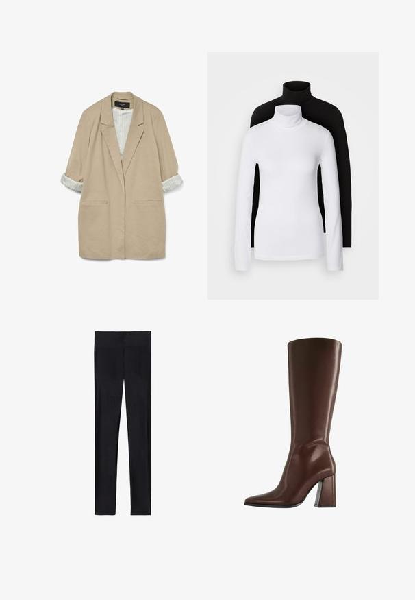 Beiger oversized Blazer mit weicher Textur, zwei vorderen Taschen und hochgerollten gestreiften Ärmeln in Creme und Hellblau.; Zwei langärmelige Rollkragenoberteile, eines weiß und eines schwarz, aus einem glatten, dehnbaren Stoff, beide mit schmalem Schnitt und hohem Kragen.; Schwarze Leggings aus dehnbarem Material; mit glatter Textur, ganzlänglichem Design und elastischem Bund ohne sichtbare Nähte.; Brauner kniehoher Lederstiefel mit spitzer Zehe und klobigem mittelhohem Absatz, Seitenansicht vor weißem Hintergrund.