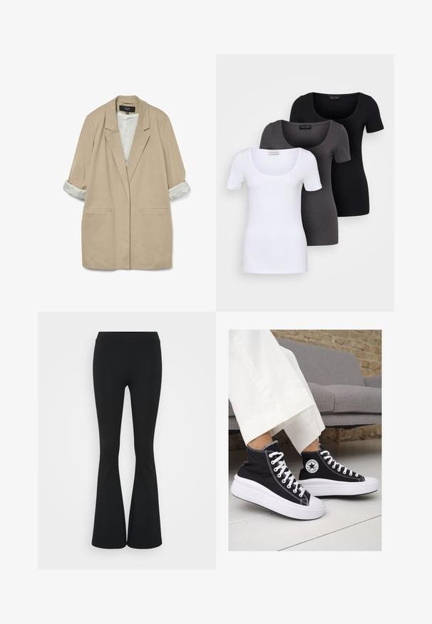 Beige oversized blazer with a soft texture, two front pockets, and rolled-up striped sleeves in cream and light blue.; Three fitted T-shirts in white, gray, and black. Each features a wide scoop neckline and short sleeves. Made from smooth, stretchy fabric.; Black flared pants made of stretchy fabric, featuring a high waistband and a smooth texture. The pants flare out from the knee.; Black canvas high-top sneakers with white rubber soles and laces. Features a circular logo on the side and contrasting white stitching.