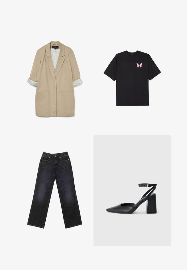 Beige oversized blazer med en blød tekstur, to frontlommer og oprullede stribede ærmer i creme og lyseblå.; Sort bomulds T-shirt med korte ærmer, prydet med en lille pink sommerfugl grafik på venstre bryst. Rund hals design med en afslappet pasform.; Højtaljede sorte denim jeans med en bred benklip, fem-lomme design og synlig syning. Stoffet har en glat, let tekstureret finish.; Sort læder spidse pumps med ankelrem og en chunky hæl. Flad tekstur, slankt design og minimalistisk æstetik.