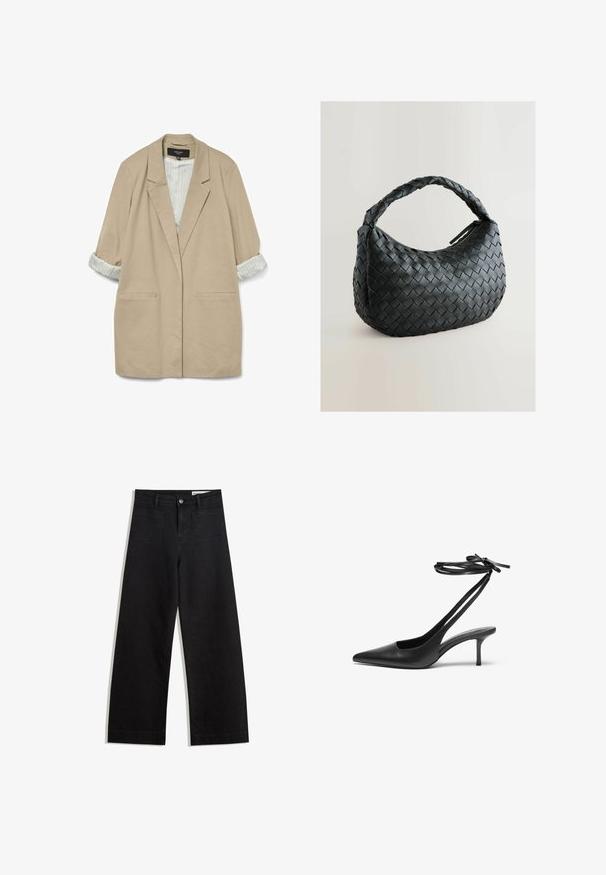 Blazer beige oversize con una texture morbida, due tasche frontali e maniche a righe arrotolate in crema e blu chiaro.; Top cropped nero a maniche lunghe con scollatura tonda, design semplice e orlo leggermente curvo.; Pantaloni in denim neri a gamba larga con vita alta, dotati di tasche anteriori e posteriori, cuciture a punto, e chiusura con bottone. Texture liscia.; Scarpa stiletto nera in pelle con punta affusolata, retro aperto e cinghie alla caviglia legate a fiocco. Tacco sottile di 7,5 cm. Texture liscia, design minimalista.; Borsa a tracolla nera intrecciata con forma arrotondata, superficie testurizzata e una robusta maniglia intrecciata. Dotata di chiusura con zip per una conservazione sicura.