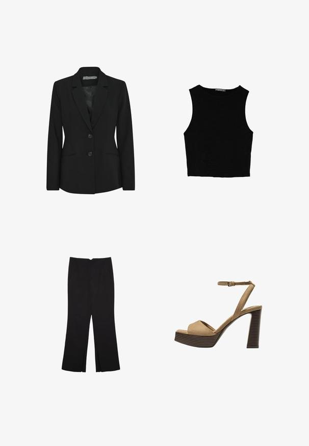 Čierny blazer so štruktúrovaným strihom, jednoradovým dizajnom, klopami a dvoma prednými gombíkmi, s bočnými vreckami. Hladká textúra látky.; Čierny bezrukávový crop top vyrobený z hladkej tkaniny, so zaobleným výstrihom a čistým, jednoduchým dizajnom bez vzorov alebo kovania.; Čierne nohavice so strihom rovného strihu, s prednými vreckami a bočnými rozparkami na leme. Vyrobené z mäkkej, hladkej tkaniny. Vhodné na rôzne príležitosti.; Bežové semišové sandále na vysokom opätku s širokým predným pásom a pásikom okolo členka, ktoré majú masívny drevený blokový opätok s textúrovaným povrchom.