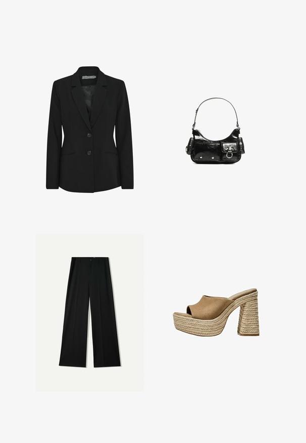 Svart kavaj med en strukturerad passform, ensidig design, slagkrage, två framknappar och sidfickor. Slät tygtextur.; Svart ärmlös crop top i mjukt tyg, med rund hals och en ren, enkel design utan mönster eller detaljer.; Bershka WIDE - Tygbyxor - black; Bruna mockaskinnsplattformar med öppen tå, med en kraftig flätad jute-klack och en slät, rundad ovandel.; Svart lackläderhandväska med en rundad form, en axelrem, framfickor och detaljer i silverfärg.