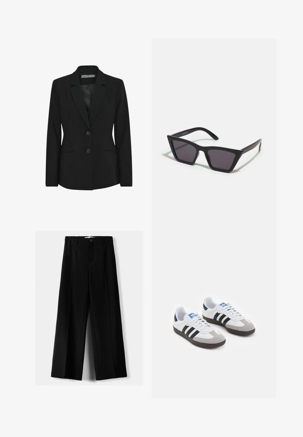 Musta bleiseri, jossa on jämäkkä muotoilu, yksirivinen malli, läpärekaulus, kaksi etunappia ja sivutaskut. Sujuva kankaan tekstuuri.; Camisole vaalea beige, joka on valmistettu pehmeästä kankaasta ja jossa on ohuet säädettävät olkaimet sekä V-muotoinen kaula-aukko, hieman rento istuvuus.; Mustat leveälahkeiset housut, jotka on valmistettu kevyestä kankaasta. Housuissa on etunappikiinnitys ja tasainen etuosa, sekä huolellisesti ommellut helmat.; Urheilukengät, joissa on valkoinen nahkainen päällinen, harmaa mokkanokka ja kolme mustaa raitaa. Ominaisuuksina sininen logo kielekkeessä ja kuvioitu kumipohja.; Mustat, kulmikkaat aurinkolasit harmailla linsseillä; valmistettu muovista, paksuilla varsilla, joissa on sileä pinta ja ilman näkyvää metalliosaa.