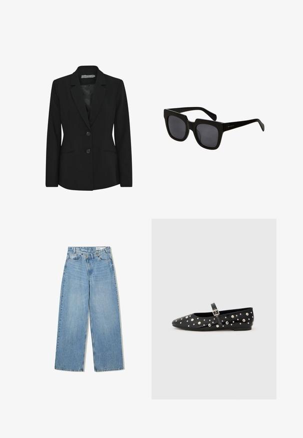 Černé sako se strukturovaným střihem, jednořadým zapínáním, klopami, dvěma předními knoflíky a bočními kapsami. Hladká textilie.; Světle béžová tílko vyrobené z měkké tkaniny, s tenkými nastavovacími ramínky a výstřihem do V s mírně volným střihem.; Světlé modré široké džínové kalhoty vyrobené z denimu, s vysokým pasem, pěti kapsami, knoflíkovým zapínáním a jemným vyblednutím pro texturu.; Černé kožené baletky s špičatou špičkou, zdobené stříbrnými cvočky a boční přezkou. Texturovaný povrch s plochou podrážkou.; Černé obdélníkové sluneční brýle s širokými plastovými obroučkami a tmavými skly. Stranice jsou štíhlé s lesklým povrchem a minimálním označením značky.; Černá kožená tkaná taška s uvolněným tvarem a širokým ramenním popruhem. Má texturovaný, propletený design s hladkým povrchem.