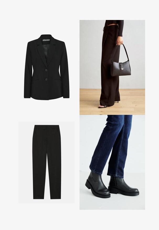 Juodas švarkas su struktūrizuotu siluetu, vieno mygtuko dizainu, notch tipo atlapais, dviem priekiniais mygtukais ir šoninėmis kišenėmis. Jaukus audinio tekstūra.; Juodas ilgomis rankovėmis viršus, su surinkta medžiaga priekyje ir ant riešų, pagamintas iš minkštos, elastingos medžiagos, su laivagalio kaklu.; Juodos kelnes su pritaikytu dizainu, turinčios šonines kišenes ir tiesią koją. Pagamintos iš lygaus, lengvo audinio su blizgiu paviršiumi.; Juoda odinė kulkšninių botų su storu padu ir šoninėmis elastinėmis detalėmis, derinama su tamsiai mėlynomis džinsais. Žemė šviesios spalvos.; Juodas rankinė struktūrizuota forma, lygi tekstūra ir metalinis užsegimas. Suporuota su plačiomis juodomis kelnėmis ir atvirais bateliais ant medinių grindų.