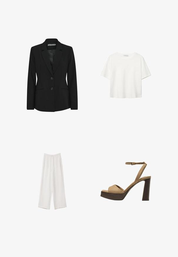Crni sako sa strukturnim krojem, jednostruko kopčanje, reveri sa ureza, dvije prednje gumbe i bočne džepove. Glatka tekstura tkanine.; Bijela majica kratkih rukava od pamuka. Ima okrugli izrez i opušteni kroj. Glatka tekstura bez vidljivih uzoraka ili naglasaka.; Bijele hlače širokih nogavica napravljene od lagane tkanine. Imaju elastičan pojas s ušicom i bočne džepove. Glatka tekstura.; Beige suedirane sandale s visokim potpeticama, širokom prednjom trakom i trakicom oko gležnja, s debelom drvenom blok-potpeticom s teksturiranim završetkom.