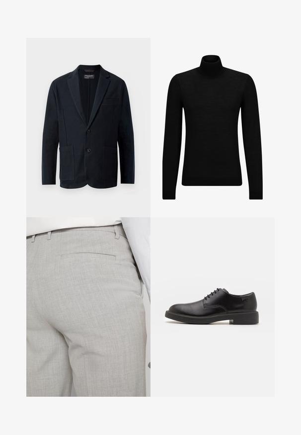 Miestna čierna blazer s klopami, dvoma gombíkmi, dvoma prednými náprsními vreckami a vreckom na hrudi, zobrazená na bielom pozadí.; Mustahuivi neule, joka on valmistettu pehmeästä materiaalista, jossa on pitkät hihat ja tiukka istuvuus. Ribbaus reunassa ja hihansuissa. Yksinkertainen muotoilu.; Vaaleanharmaat räätälöidyt housut tekstuuripintaisesta kankaasta, joissa on yksi takatasku ja siistit saumat.; Mustat nahkasaappaat, joissa on pyöreä kärki, sileä pinta, minimaalinen ommel ja matala kumipohja. Logo kannassa.