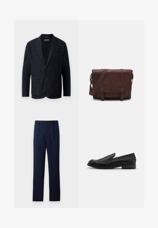 Herren svart blazer med hakket lapel, to knapper, to frontlommer og en brystlomme, vist mot en hvit bakgrunn.; Tre longsleeve skjorter: lyseblå, hvit og marineblå. Alle har klassisk krage og knappestolpe, laget av glatt stoff.; Mørkeblå bukser laget av glatt stoff, med en enkelt knappelukking, legg og rette ben. Minimalistisk design uten merkbare mønstre.; Sorte lærlofter med en glat overflade, rund tå og en lille dekorativ flap. Har en lav stablet hæl og diskret brandingdetalje.; Brun lær messenger bag med en flat frontklaff, to stropper, gullfargede detaljer og en justerbar skulderrem.