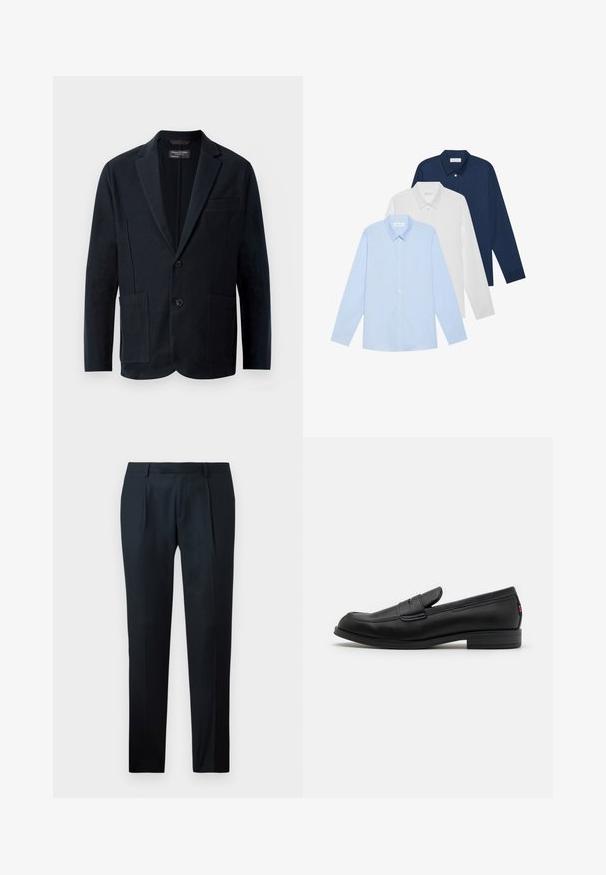 Pánský černý blazer s klopami, na dva knoflíky, se dvěma předními kapsami s patkou a jednou náprsní kapsou, vystavený na bílém pozadí.; Tři košile s dlouhým rukávem: světle modrá, bílá a námořnická. Všechny mají klasický límec a zapínání na knoflíky, vyrobené z hladkého materiálu.; Černé kalhoty na míru vyrobené z hladké tkaniny, s úzkým střihem, dvěma předními záhyby a plochým pasem bez viditelného kování.; Černé kožené mokasíny s hladkým povrchem, kulatou špičkou a malým dekorativním klopou. Mají nízký stočený podpatek a decentní branding.