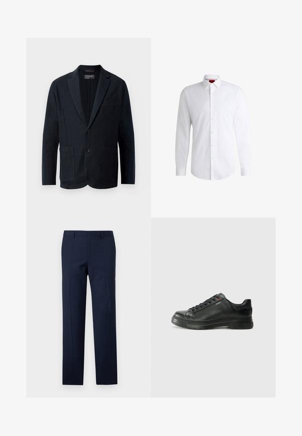 Herren svart blazer med hakket lapel, to knapper, to frontlommer og en brystlomme, vist mot en hvit bakgrunn.; Hvit skjorte med knapper laget av glatt stoff, med klassisk krage, lange ermer og buet nederkant. Har beige knapper foran.; Mørkeblå bukser med skreddersydd passform, med en glatt tekstur, skarpe striper og en flat frontdesign. Skjult glidelås lukking.; Svarte lærsneakers med teksturert overdel, polstret krage og rød logodetalj. Har en tykk gummisåle med tydelig mønster.