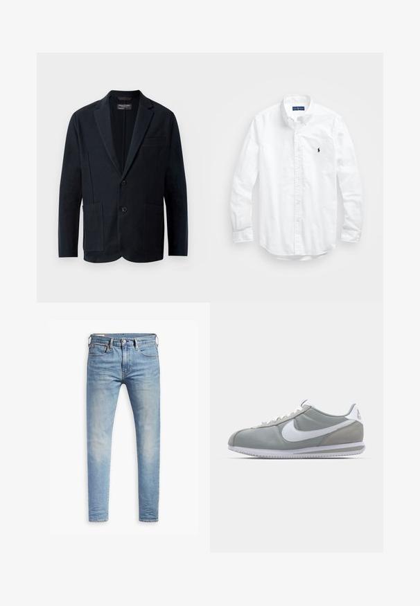 Herre sort blazer med næseklapper, to knapper, to forreste klaplommer og en brystlomme, præsenteret på en hvid baggrund.; Hvid langærmet skjorte i bomuld. Har en klassisk krave, knapmanchetter og et lille marineblåt broderet logo på brystet.; Lyseblå slim-fit jeans med let slid på lårene, frontlukning med knap, bæltestropper og fem lomme-design på en hvid baggrund.; Grå atletisk sko med overdækning i ruskind og tekstil, hvid Nike swoosh og hvide snørebånd. Har en struktureret gummisål og polstret krave.