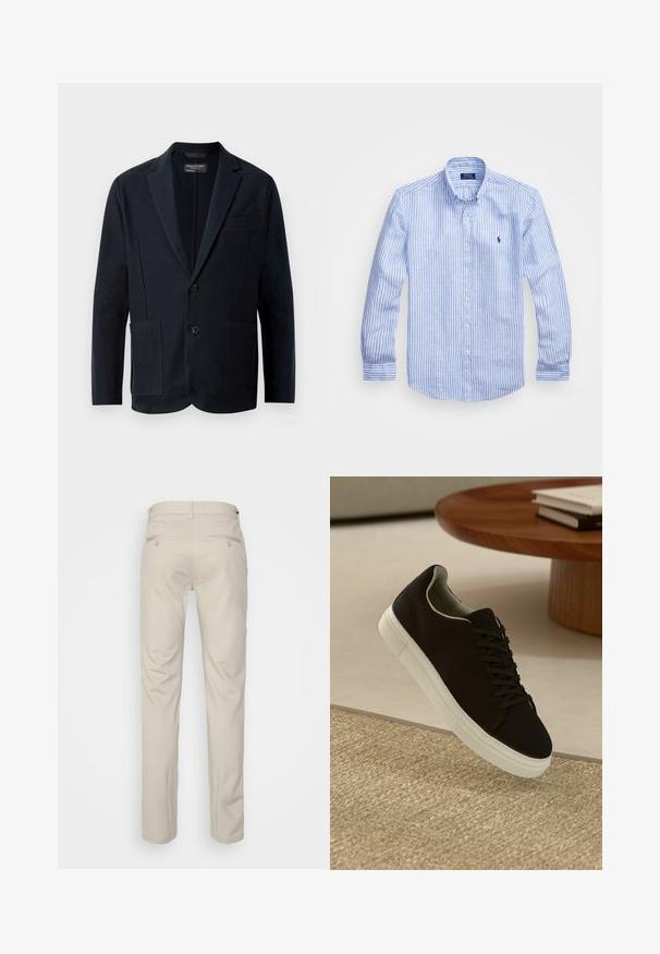 Men’s black blazer with notch lapels, two buttons, two front patch pockets, and a chest welt pocket, displayed on a white background.; Blue and white striped long-sleeve shirt made of cotton, featuring a button-down collar, front buttons, and a small embroidered logo on the chest.; Beige trousers with a smooth texture, straight cut, two back pockets with buttons, and a standard waistband.; Black sneaker with white sole floating above beige textured rug near round wooden table with stacked books.