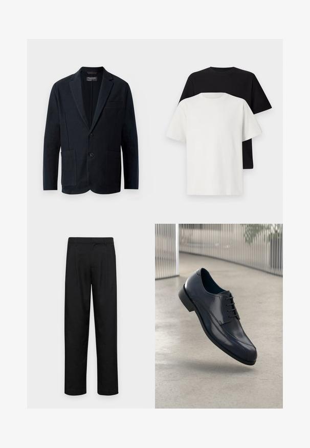 Herre sort blazer med næseklapper, to knapper, to forreste klaplommer og en brystlomme, præsenteret på en hvid baggrund.; Sæt af bomulds T-shirts bestående af en sort top og en hvid top, begge med korte ærmer, rund halsudskæring og standard pasform. Tekstureret stof.; Sorte bukser lavet af glat stof, med et lige ben-design, to frontfolder og en standard talje med bæltestropper.; Skinnende sorte læderdressko med snørebånd, svævende over et glat, lys grå gulv og lodrette metalstænger i baggrunden.