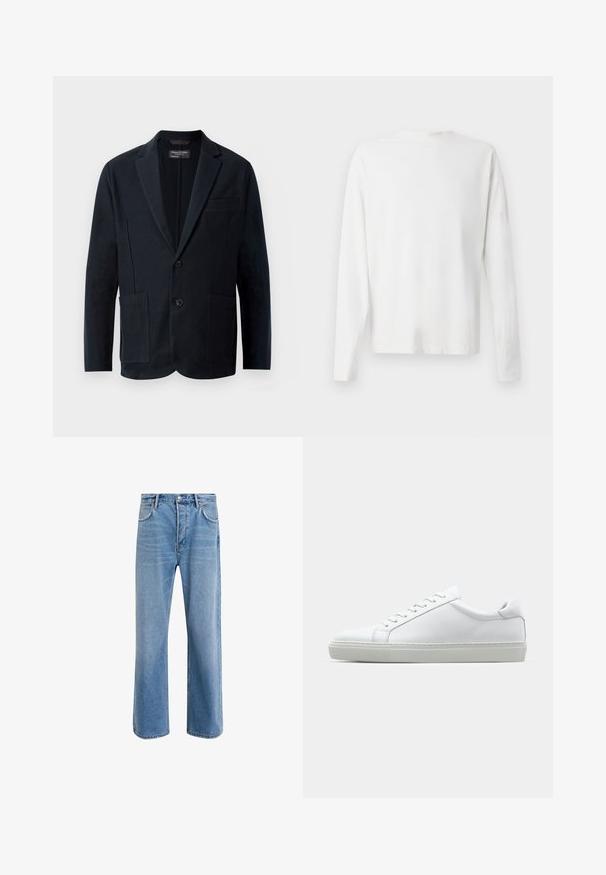 Moški črn blazer s razrezanimi reverji, dvema gumboma, dvema sprednjima žepoma in žepom na prsih, prikazan na beli podlagi.; Bela bombažna srajca z dolgimi rokavi in okroglo ovratnikom, z bočnimi razporki na dnu in gladko teksturo, prikazana s hrbtne strani.; Svetlo modre denim kavbojke s ravno nogavico, petimi žepi, z gumbom za zapiranje, minimalnim zbledelostjo in kontrastnimi šivi.; Bela športna obutev z gladkim usnjenim zgornjim delom in nizkim profilom. Ima zaokrožen nos, šest lukenj za vezalke in teksturiran gumijast podplat.