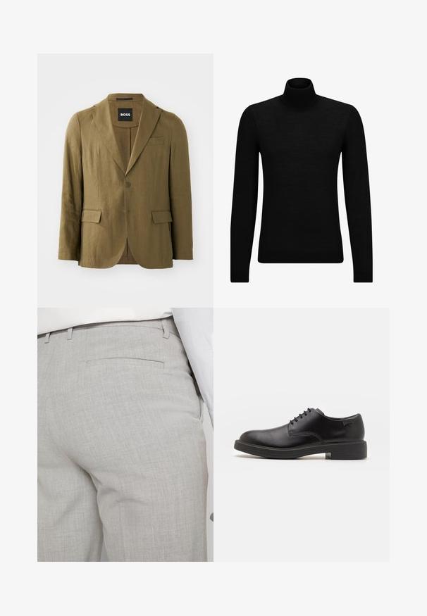 Olívazöld zakó textúrált anyagból, amely lenyitható hajtókával, két gombbal és két elülső zsebbel rendelkezik; testre szabott szabású, egyetlen szellőzőnyílással.; Fekete garbó pulóver puha anyagból, hosszú ujjakkal és szoros fazonnal. Ribbed díszítés az alján és az ujjak végén. Egyszerű dizájn.; Világosszürke, texturált anyagból készült szabott nadrág, egyetlen hátsó zsebbel és tiszta varrással.; Fekete bőrcipő, kerek orrú, sima felületű, minimális varrással és alacsony gumitalppal. Logó a sarokrészen.