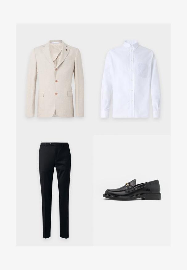 Bež linane bleiser, millel on lõigatud krae, kolm pruuni nööpi ja kaks esikotti. Sisepind on vooderdatud heleda kangaga, sile tekstuur.; Valge pikamaa varrukatega nööbiga särk, mis on valmistatud puuvillast ja millel on rinna tasku toon-toonis brodeeringuga, krae ja nööbiga mansetid.; Mustad mustarpüksid, millel on sile kangas, kitsenev jalaharidus, ühe nupu sulgemine ja küljetaskud praktilisuseks.; Mustad nahast loafers ümarate varvastega, millel on kuldne riistvaraline aksessuaar ja tikandite detail, paigutatud madalale, tekstureeritud kummist tallale.