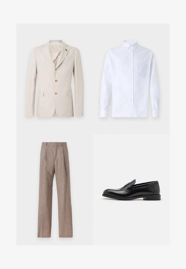 Beige linsēta žakete ar iegrieztiem atlokiem, trim brūniem pogām un divām priekšējām kabatām. Iekšpuse izklāta ar vieglu audumu, gluda tekstūra.; Balts garo piedurknēm krekliņš ar pogām, izgatavots no kokvilnas, ar krūšu kabatu ar tonālu izšuvumu, apkakli un pogām pie piedurknēm.; Brūni, augstos šortos izgatavoti no teksturēta auduma. Iezīmē plašas kājas un divas priekšējās krokas, kas nodrošina struktūru. Kārtīga apdare bez redzamām detaļām.; Melnas ādas kurpes ar gludu tekstūru, noapaļu purngalu un dekoratīvu siksniņu pāri priekšpusei. Zems sakrauts papēdis, minimālisma dizains.