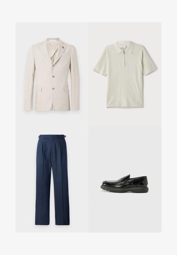 Bézs len blézer kifordított hajtókával, három barna gombbal és két elülső zsebbel. Belső bélés világos anyaggal, sima tapintású.; Rövid ujjú, világosbézs pólóing, cipzáras gallérral. Simás anyagból készült, egyszerű, modern dizájnnal, minta nélkül.; Sötétkék, szabott nadrág, texturált anyagból készült, magas derékkal, redőkkel és állítható oldalszíjakkal a megfelelő illeszkedés érdekében.; Fekete bőr loafer, fényes felülettel, kerek orral, diszkrét varrási részletekkel és vastag gumitalppal a tartósság érdekében.