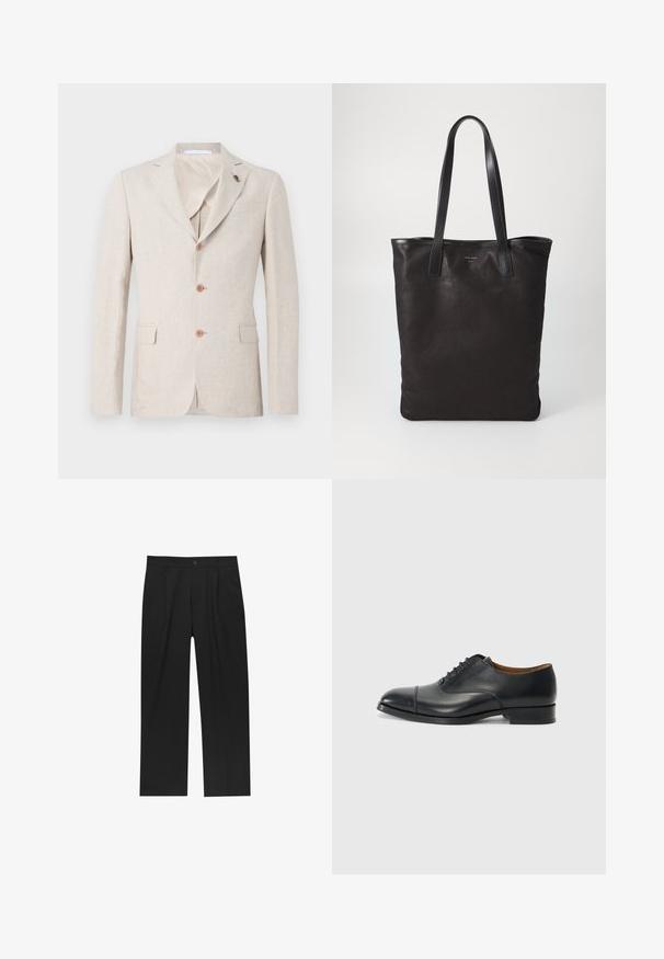 Beige linnblazer med rutat slag, tre bruna knappar och två framfickor. Inuti fodrad med lätt tyg, mjuk struktur.; Vit bomull t-shirt med korta ärmar, rundad halsringning, avslappnad passform och utan synliga logotyper eller mönster. Slät textur och minimal design.; Svarta byxor med rak ben-design, tillverkade av ett jämnt tyg. Har framfickor och en enkel knapplåsning i midjan.; Svart läderklänning sko med en slät yta, rund tå, fem öglor för snören och låg klack. Minimalistisk design med subtila sömmar.; Svart canvas toteväska med svarta läderhandtag. Enkel design, rymlig kropp och en slät textur. Inga synliga logotyper eller mönster.; Silverfärgad fyrkantig klocka med vit urtavla, svarta romerska siffror och texten "VATTENRESIST". Svart läderarmband med strukturerad yta.