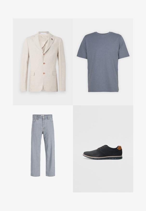 Beige linned blazer med reverskrave, tre brune knapper og to brystlommer. Indvendig foret med let stof, glat tekstur.; Grå T-shirt med korte ærmer og rund hals, lavet af blødt bomuldsblandingsstof. Enkel design, ingen mønstre eller accenter.; Lysblå denimjeans med en afslappet pasform, lige benudforming, synlige syninger, to forlommer og knaplukning.; Sorte syntetiske sko med en tekstureret overdel, glatte accenter, brun hæl og en kontrasterende sål. Har minimale snørebånd og syningsdetaljer.