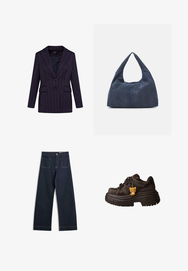 Námořnický blazer s tenkými růžovými pruhy, dvěma předními kapsami, špičatými klopami a uzávěrem na jeden knoflík. Hladká tkanina s přiléhavým střihem.; Hnědé tričko s krátkým rukávem vyrobené z měkké látky, s kulatým výstřihem a volným střihem. Bez viditelných vzorů nebo dekorací.; Tmavě modré široké džínové kalhoty vyrobené z denimu s kontrastním béžovým prošíváním, dvěma zadními kapsami a knoflíkovým zapínáním v pase.; Masivní tmavohnědý sneaker s tlustou podrážkou, texturovaným svrškem a malým žlutým medvídkem jako přívěskem na tkaničkách.; Tmavě modrá džínová taška se soft, volným tvarem, vybavená uchem v hobo stylu a texturovaným povrchem. Žádné viditelné kovové prvky.