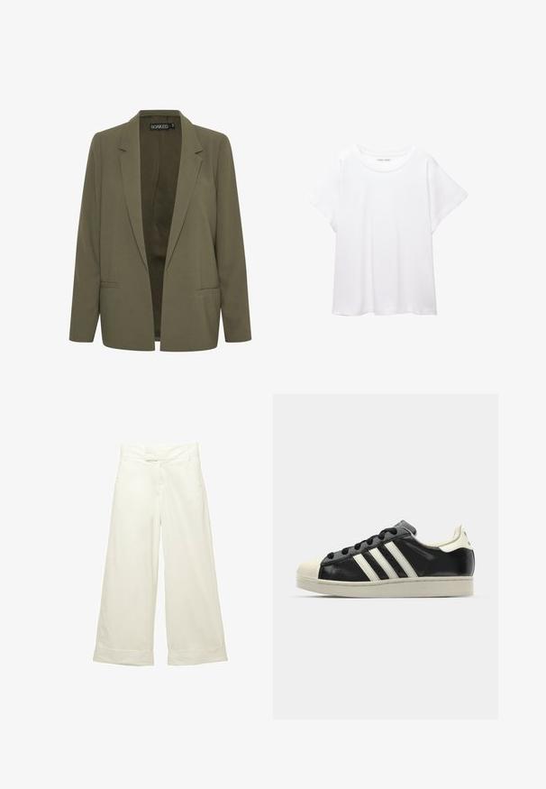 Oliivivihreä bleiseri, jossa on viistetty kaulus, kaksi etupussia ja avonainen muotoilu. Valmistettu sileästä kankaasta, jossa on istuva leikkaus.; Valkoinen T-paita, joka on valmistettu pehmeästä ja kevyestä kankaasta. Omistaa pyöreän kaula-aukon ja lyhyet, leveät hihat rentoa istuvuutta varten. Ei näkyviä kuvioita.; Vaihdehousut pehmeästä, kermanvärisestä kankaasta. Ominaisuuksia litteä etupään vyötärö ja käänteet. Suora rakenne puhtaalla, minimalistisella designilla.; Musta nahkasneakeri, jossa on valkoiset raidat, kuminen varvassuoja, mustat nauhat ja kermaisa ulkopohja. Suora pinta ja kiiltävä viimeistely.