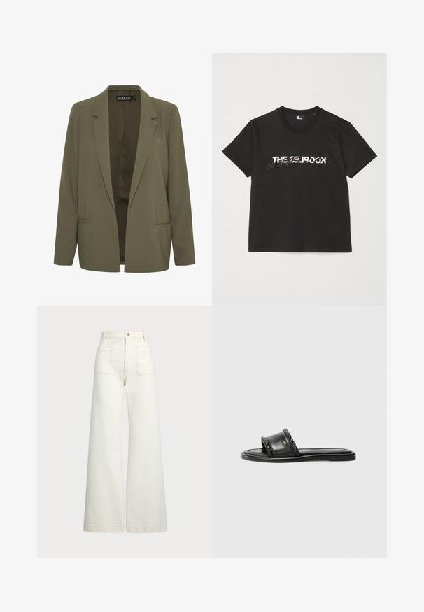 Olivovo zelený blejzer s klopou, dvoma prednými vreckami a otvoreným predným dizajnom. Vyrobený z hladkej tkaniny s priliehavým strihom.; Čierne bavlnené tričko s krátkymi rukávmi, na prednej strane so potlačou bieleho a šedého dizajnu "THE 2LOOK". Klasický okrúhly výstrih.; Džínsy s širšími nohavicami v off-white denim. Vysoký pás s gombíkovým zapínaním, dve predné vrecká a kontrastné švy.; Čierne kožené sandále s tkaným remienkom, plochou podrážkou a elegantným dizajnom. Hladký povrch a minimalistický profil.