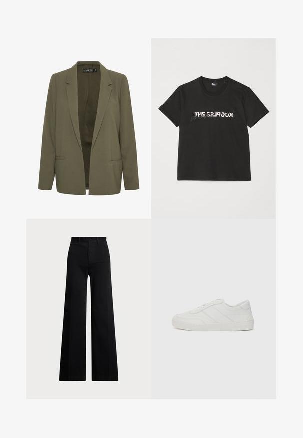 Olivgrön kavaj med spetsiga slag, två framfickor och öppen framskärning. Tillverkad av ett mjukt tyg med skräddarsydd passform.; Svart bomullströja med korta ärmar, med en tryckt vit och grå "THE 2LOOK" design över framsidan. Klassisk rund halsringning.; Svarta breda byxor i vävt tyg, med hög midja, knappstängning fram och sidfickor. Slät textur med rena linjer.; Vit lädersneaker med platta snören, rund tå och subtila sömnadsdetaljer. Har en texturerad sula och präglad logotyp på hälen.